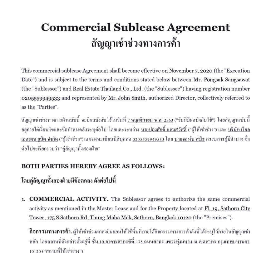 Commercial sublease agreement