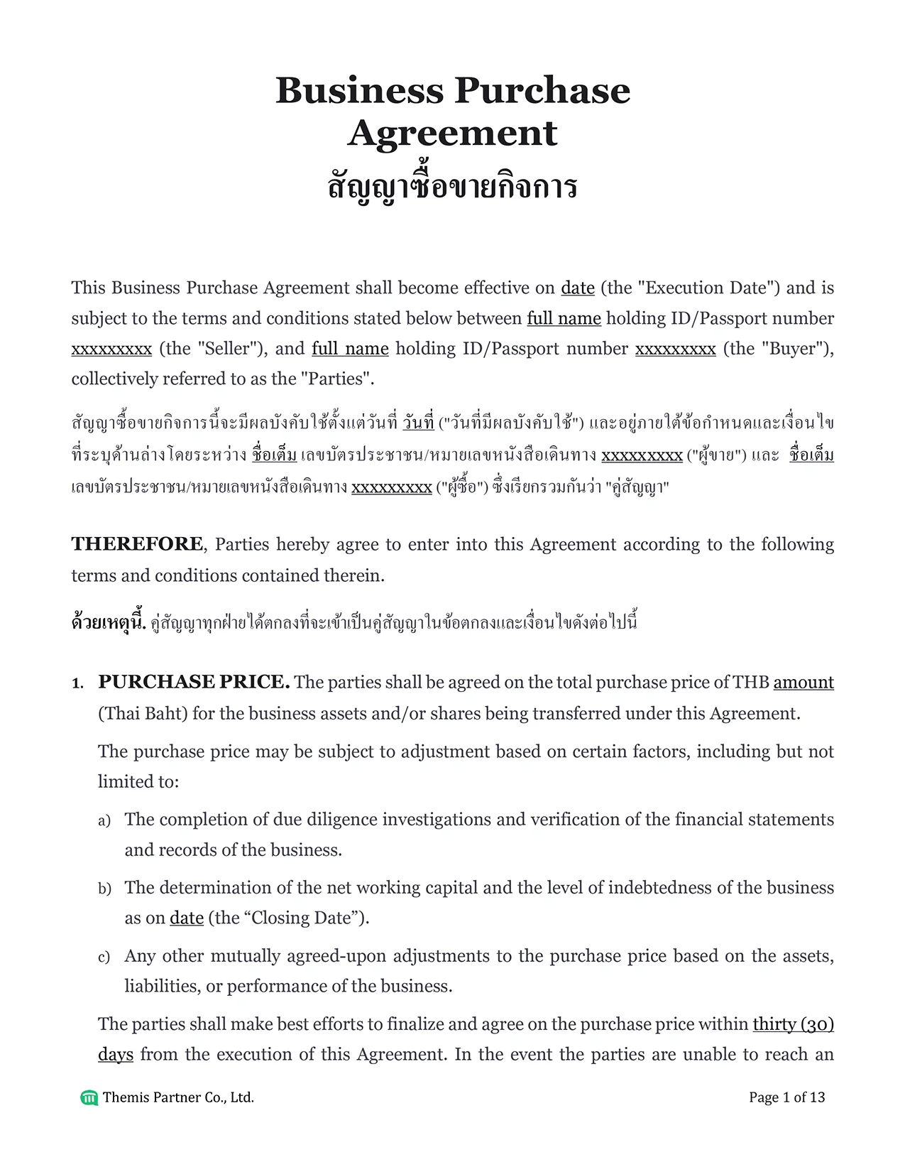 Business purchase agreement Thailand 1