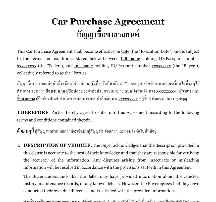 Car purchase contract Thailand