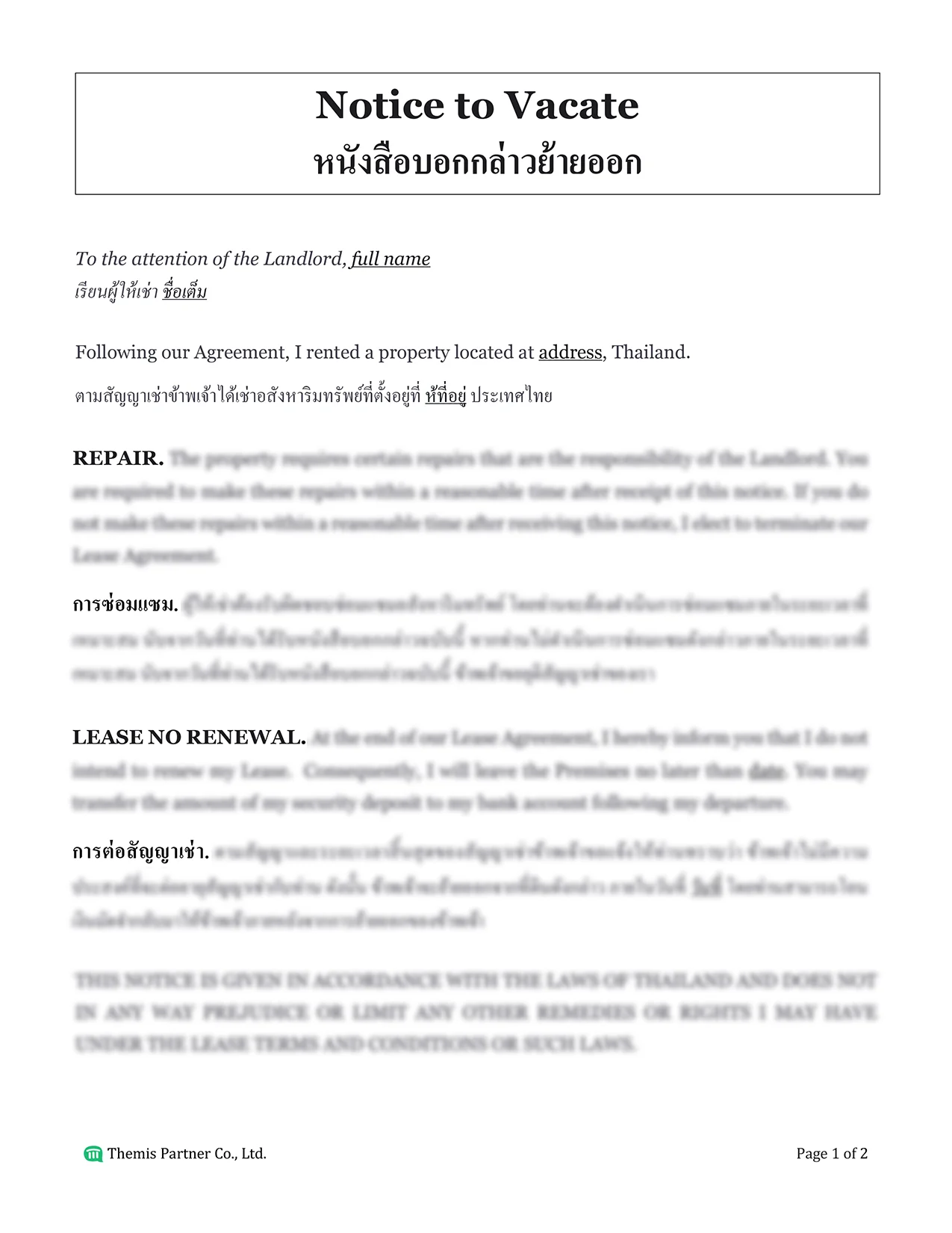 Notice to vacate letter Thailand 1