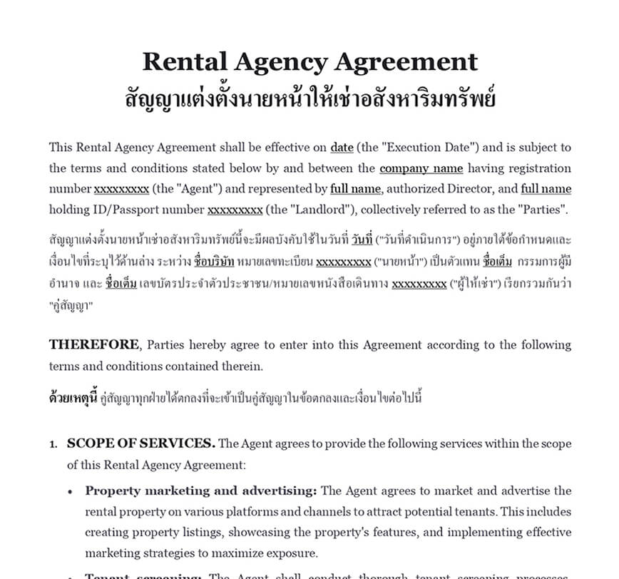 Rental agency agreement Thailand
