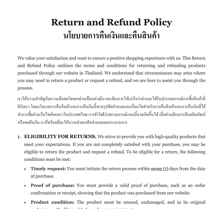Return and refund policy Thailand
